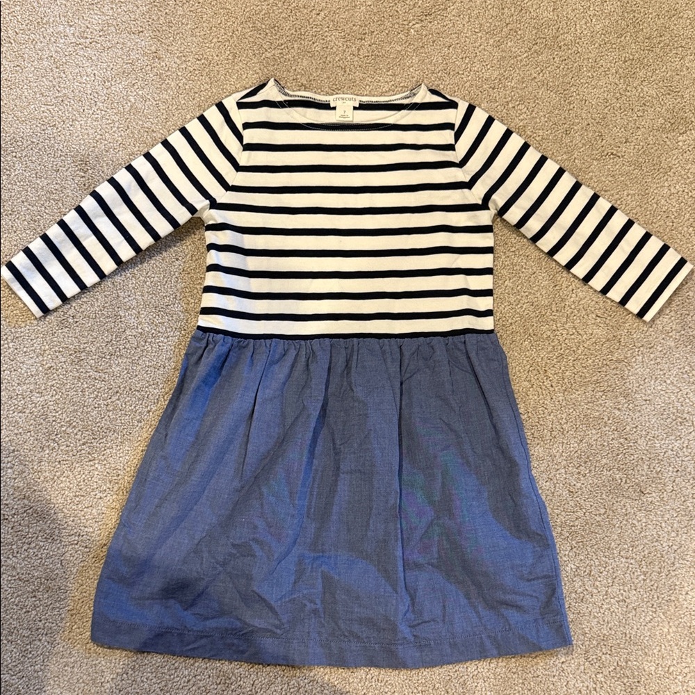 Crewcuts Black and White Striped Dress with Blue Skirt